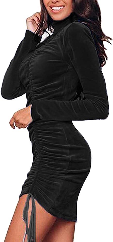 PYAEAS Womens Velvet Long Sleeve Bodycon Elegant Turtleneck Wrap Ruched Drawstring Solid Color Fi... | Amazon (US)