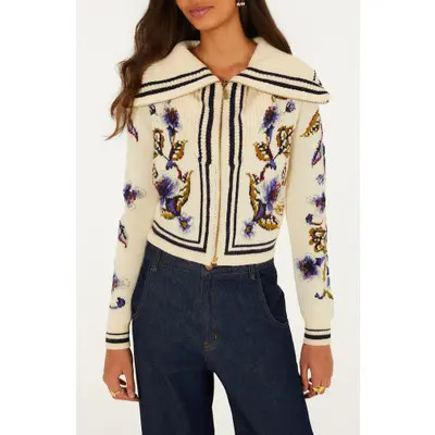 FARM Rio Golden Nature Front Zip Cardigan in Golden Nature Off-Wh at Nordstrom, Size Xx-Small | Nordstrom