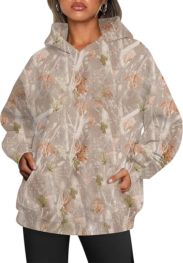 Women Oversized Fleece Camo Hoodies Maple Leaf Hooded Sweatshirt Casual Long Sleeve Fall Pullover... | Amazon (US)