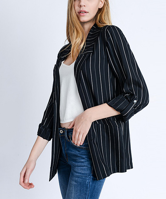 SBS Fashion Women's Blazers Black - Black Stripe Tab-Sleeve Blazer - Women | Zulily