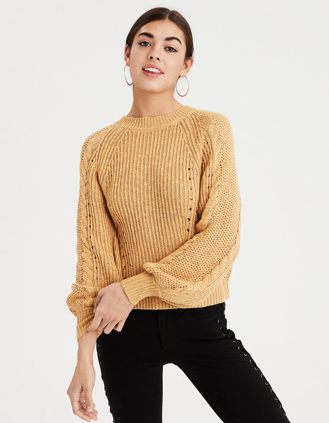 AE Chunky Cable Knit Pullover Sweater, Dijon | American Eagle Outfitters (US & CA)