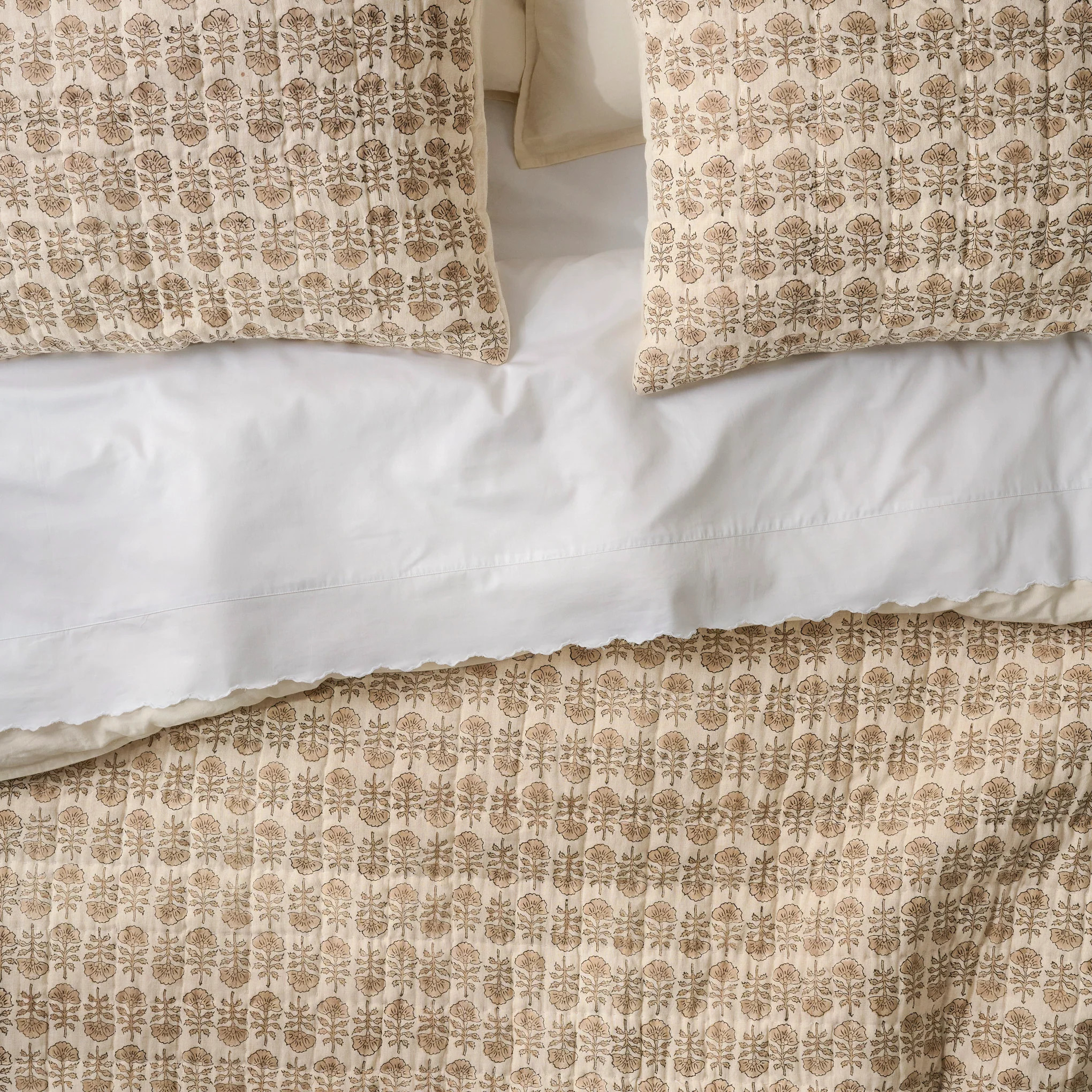 Natural Flora Block Print Quilt + Sham Set (King) | Magnolia