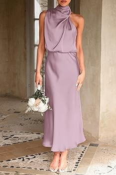 PRETTYGARDEN Women's 2026 Summer Satin Dress Elegant Sleeveless Mock Neck Cocktail Party Maxi Dre... | Amazon (US)