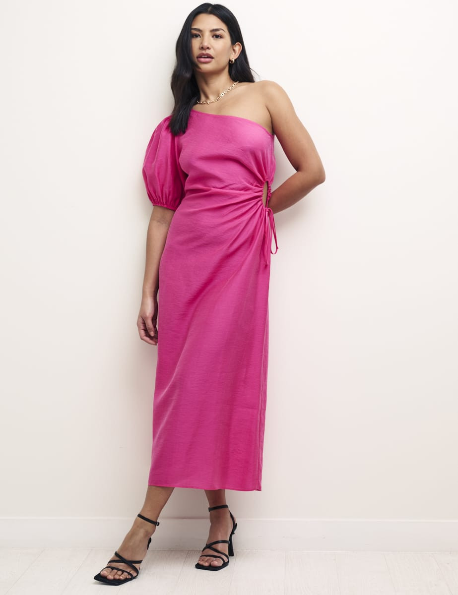 Pink One Shoulder Cut Out Detail Aubrey Midi Dress | Nobody's Child