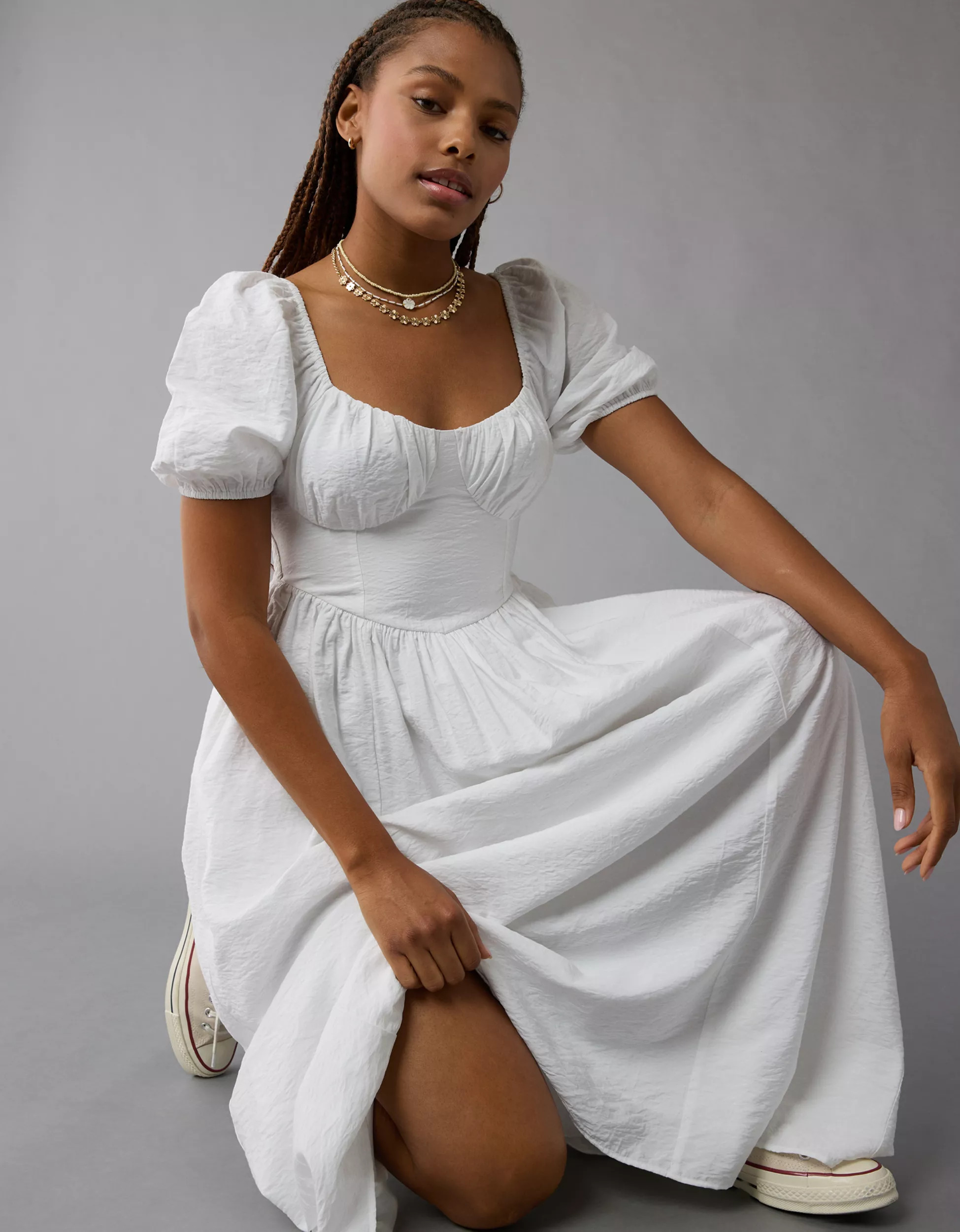 AE Puff Sleeve Corset Midi Dress | American Eagle Outfitters (US & CA)