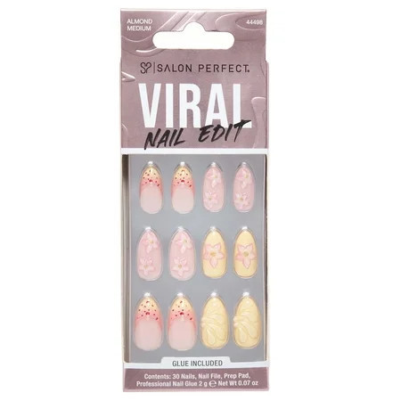 Salon Perfect Artificial Fake Press On Nails 462 Viral Nail Edit Yellow Flower Short Almond File Glue and Prep Pad Included 30 Nails | Walmart (US)