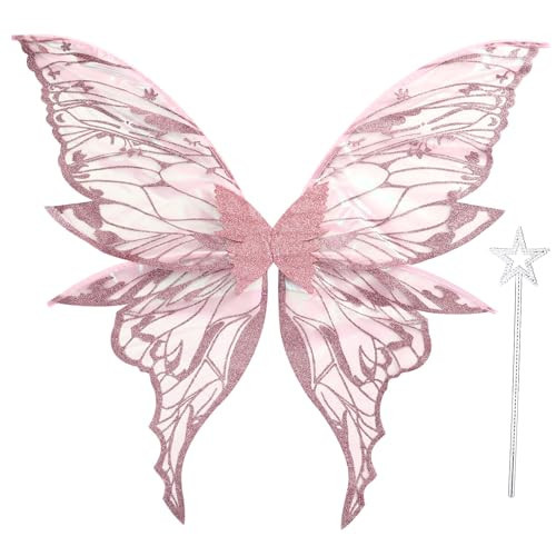 Fairy Wings for Adults Women 31.5"x29.5" Fairy Costume Set Large Butterfly Wings for Halloween Party Pink | Amazon (US)