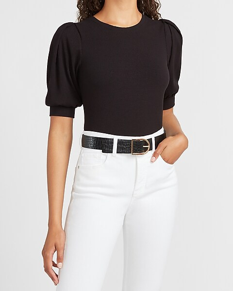 Pleated Puff Sleeve Crew Neck Tee | Express