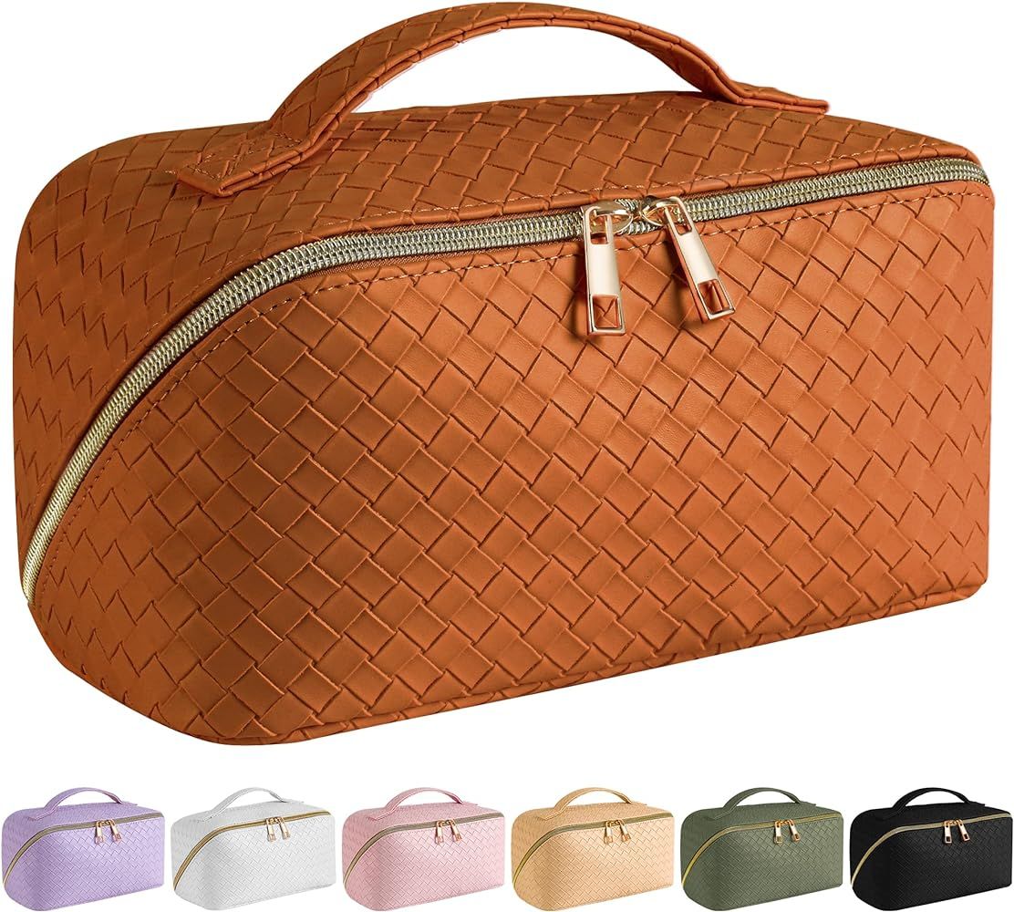 SFXULIX Large Capacity Travel Cosmetic Bag, PU Leather Waterproof, Women Portable Travel Makeup Bag  | Amazon (US)