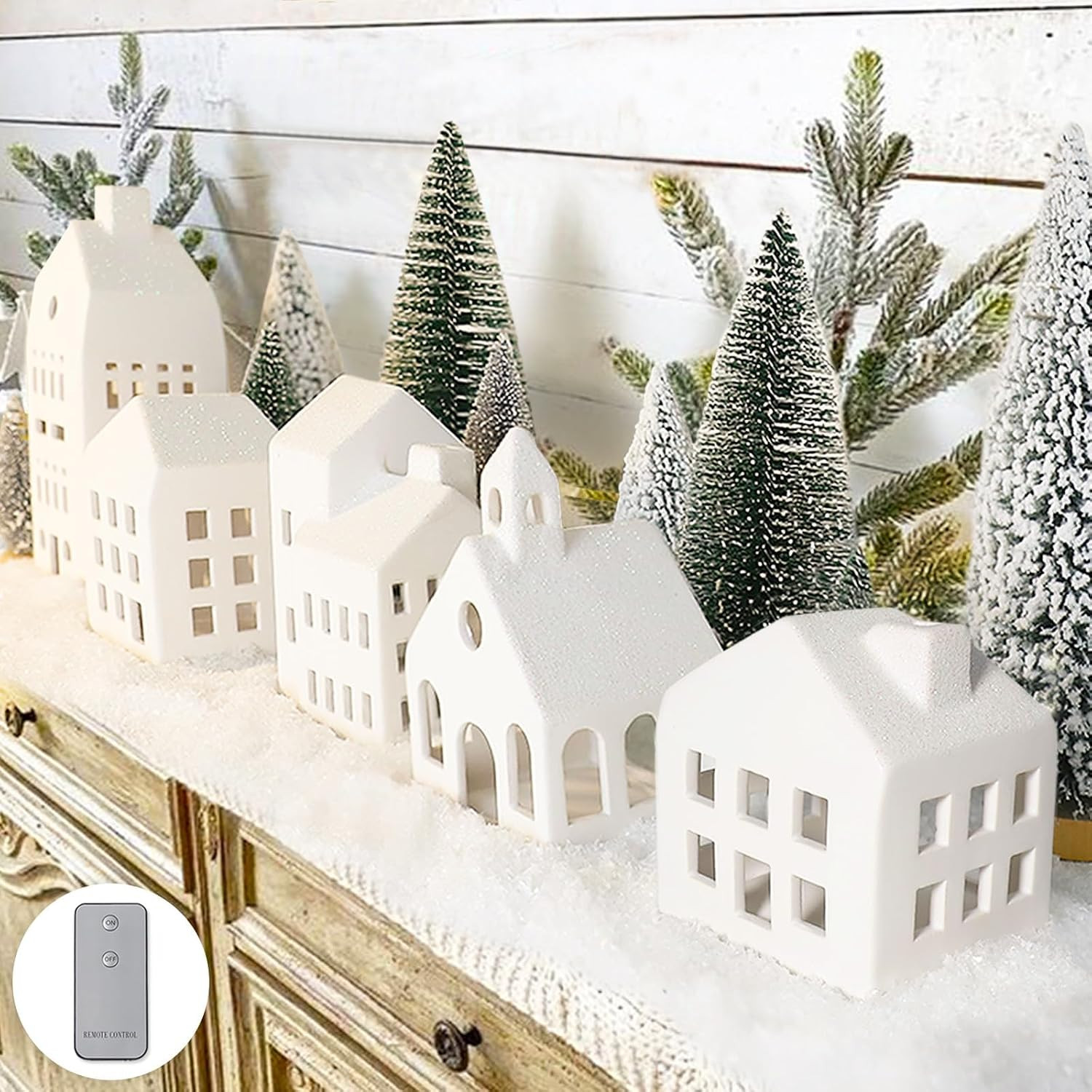 Christmas Decorations - Christmas Decorations Indoor - Christmas Village Sets of 5 Lighted Ceramic Houses with Remote Control & 9 Trees - White Xmas Holiday Farmhouse Rustic Decor for Home Table Room | Amazon (US)