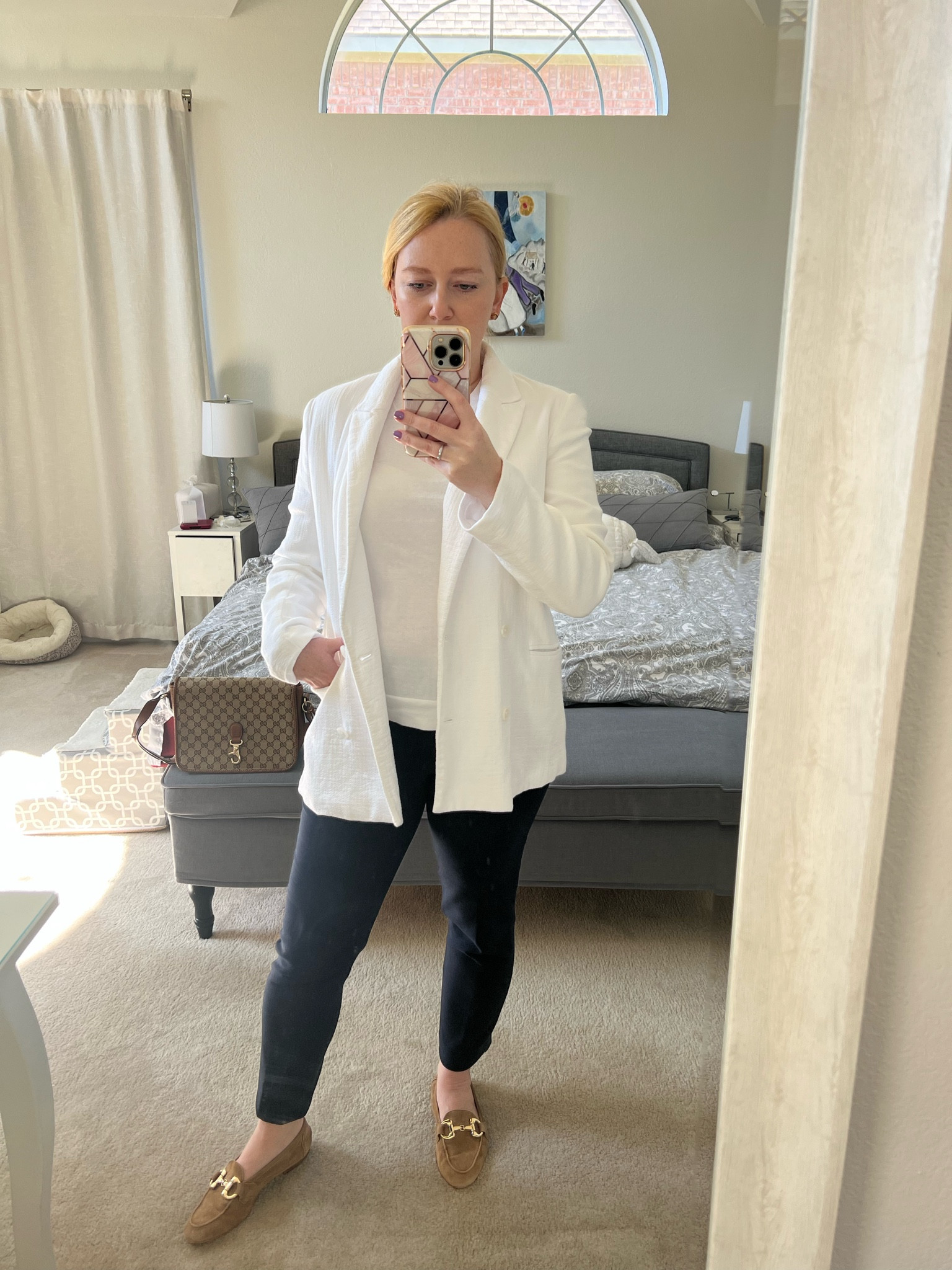 Put together work or leisure outfit 
Navy blue cigarette  pants size 6
White teddy sweater 
White oversized blazer 
Vintage Gucci bag 
Beige loafers 

#LTKSeasonal #LTKworkwear #LTKunder100