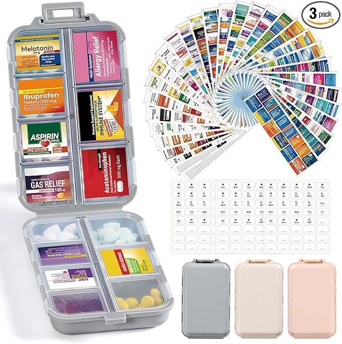 3 Pack 14 Grids Travel Pill Organizer Box with 415-Pcs Medicine Name Labels - Pocket Daily Pharma... | Amazon (US)