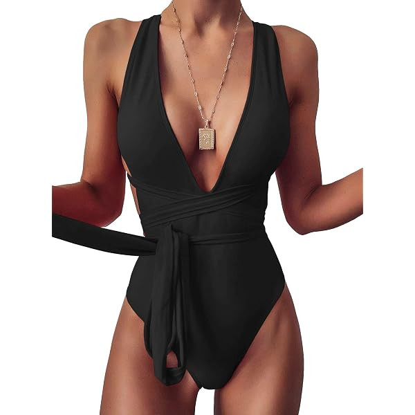CUPSHE Women's One Piece Swimsuit Sexy Deep V Neck Bathing Suit Crisscross Back Self Tie | Amazon (US)