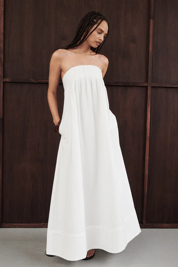 MORGAN WHITE STRAPLESS MIDI DRESS | DISSH