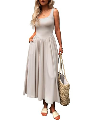 Mieazom Women's Summer Maxi Dress 2025 - Sleeveless Square Neck Casual Beach Sundress with Pockets, Flowy Patchwork Knit Beige XL | Amazon (US)