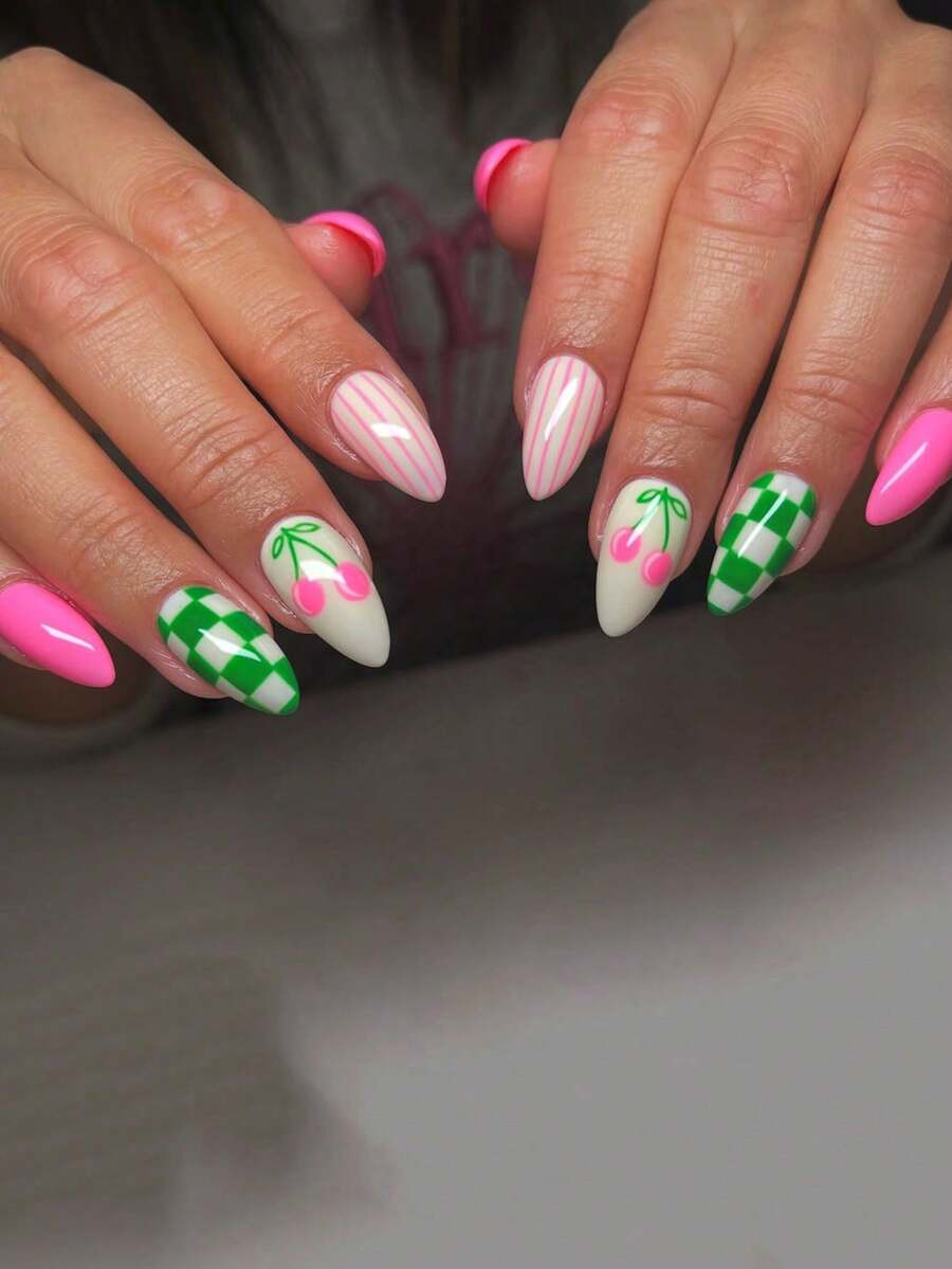 24pcs Pink Glossy Ombre Cherry Stripe Gradient Color Block Press-On False Nails, Elegant Minimali... | SHEIN