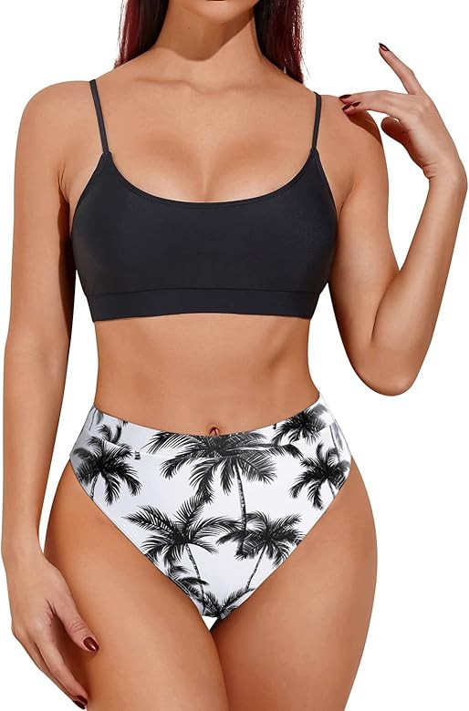 Tempt Me Two Piece High Waisted Bikini Sporty Scoop Neck Swimsuits for Women High Cut Bathing Sui... | Amazon (US)