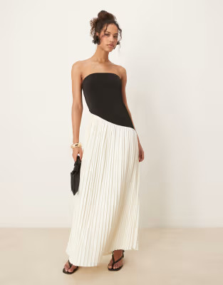 Six Stories asymmetric pleated maxi dress in monochrome | ASOS (Global)