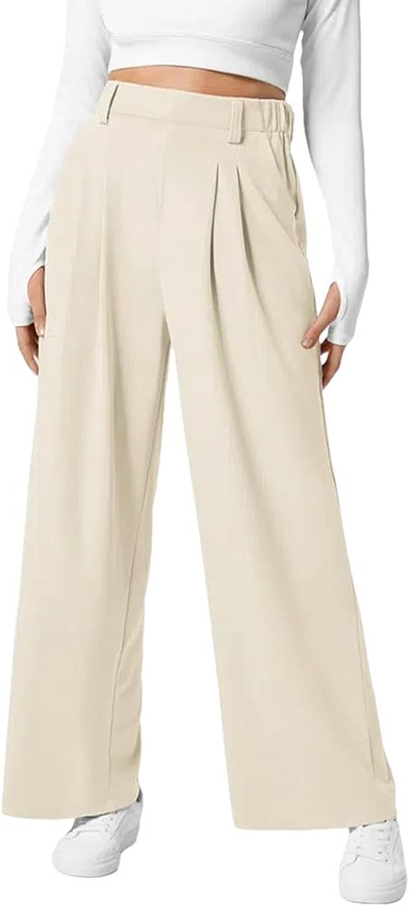 EVALESS Women's Wide Leg Pants Elastic High Waisted Waffle Knit Casual Palazzo Pants Trousers wit... | Amazon (US)