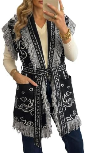 Saodimallsu Womens Sleeveless Long Cardigan Sweaters Fringe Shawl Collar Boho Paisley Wrap Belted... | Amazon (US)