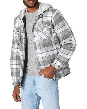 Wrangler Authentics Men's Long Sleeve Quilted Lined Flannel Shirt Jacket with Hood | Amazon (US)