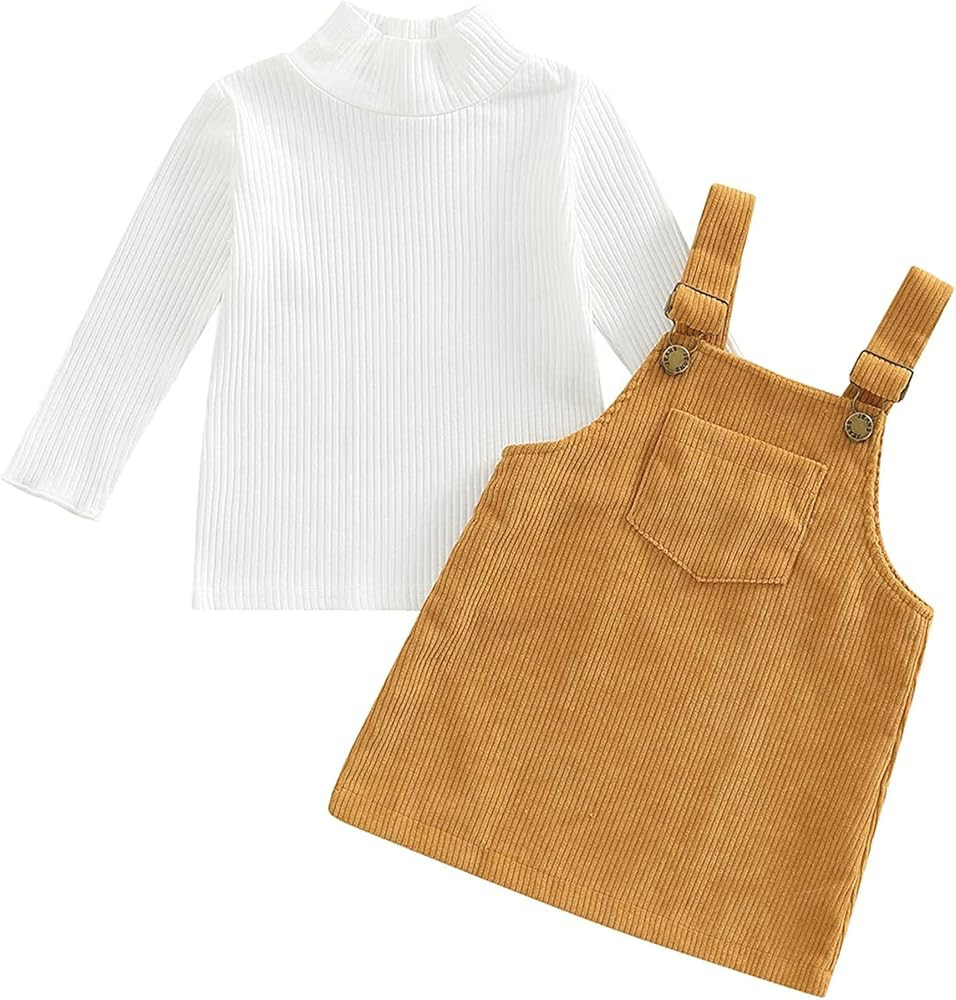 Infant Toddler Baby Girl Fall Outfit Long Sleeve Turtleneck Tshirt Suspender Overall Skirt Set Wi... | Amazon (US)