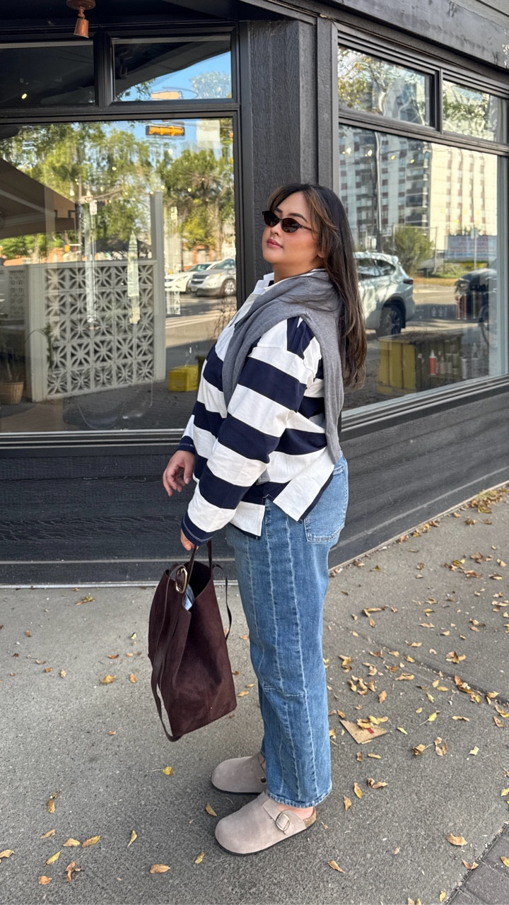 This season is all about mixing classics with texture, and honestly stripes + suede are everywhere right now. I love how a simple striped top can instantly feel fresh when you pair it with the right pieces. These barrel jeans keep it relaxed, and the suede clogs + bag give it that cozy, fall-ready vibe. It’s comfortable enough for errands but still looks like I tried. 🤎