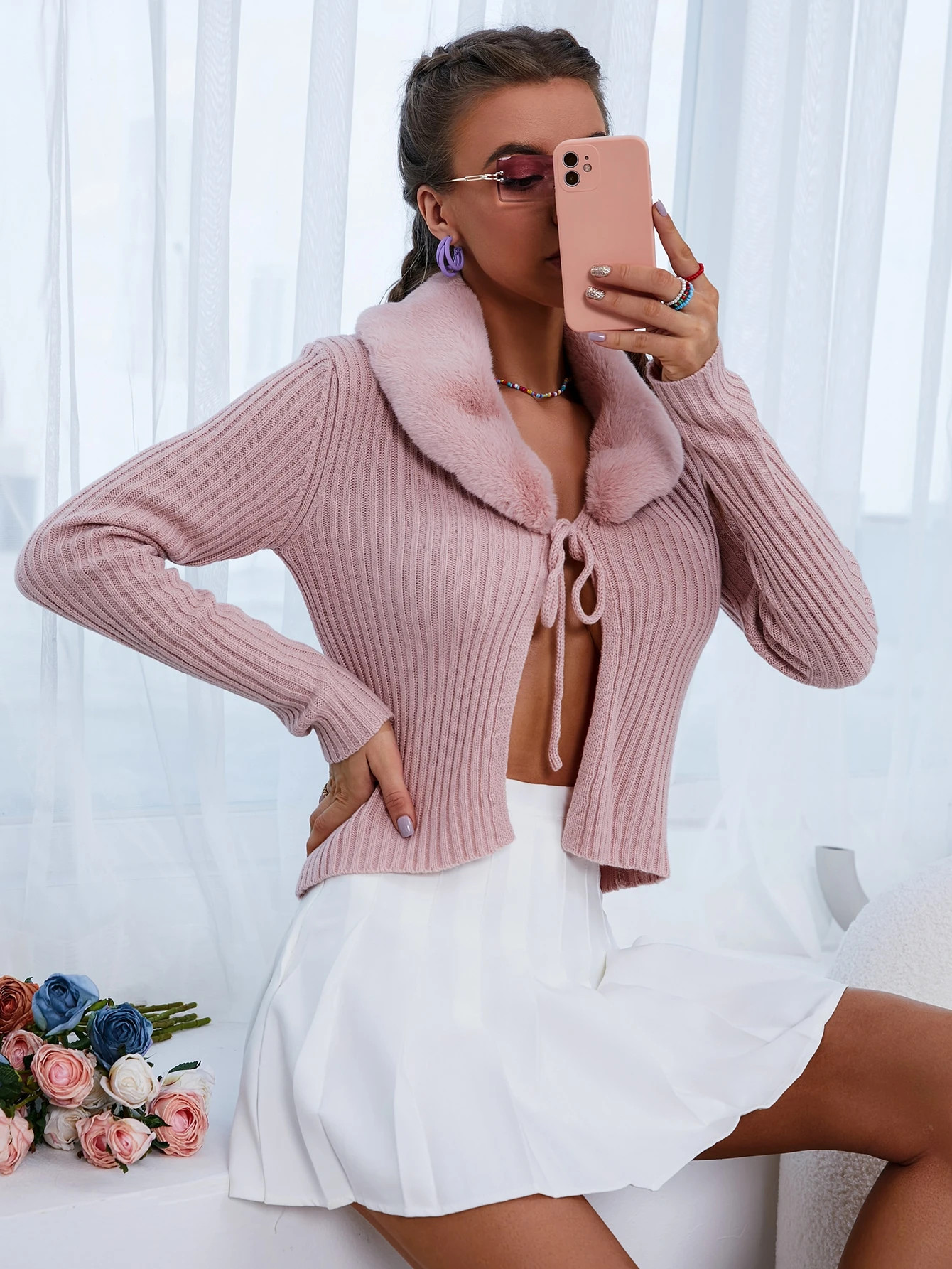 Contrast Teddy Collar Tie Front Crop Cardigan
   SKU: sw2107143837041141     US$11.00 
        US... | SHEIN