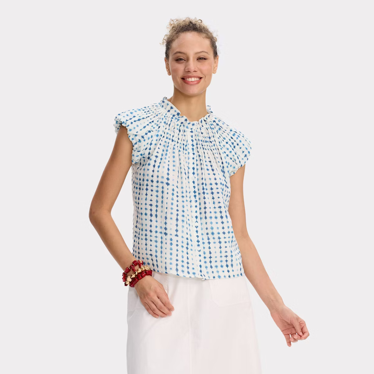 Women Smocked Puff Short Sleeve Button-Front Blouse - Universal Thread™ Blue Abstract XS | Target