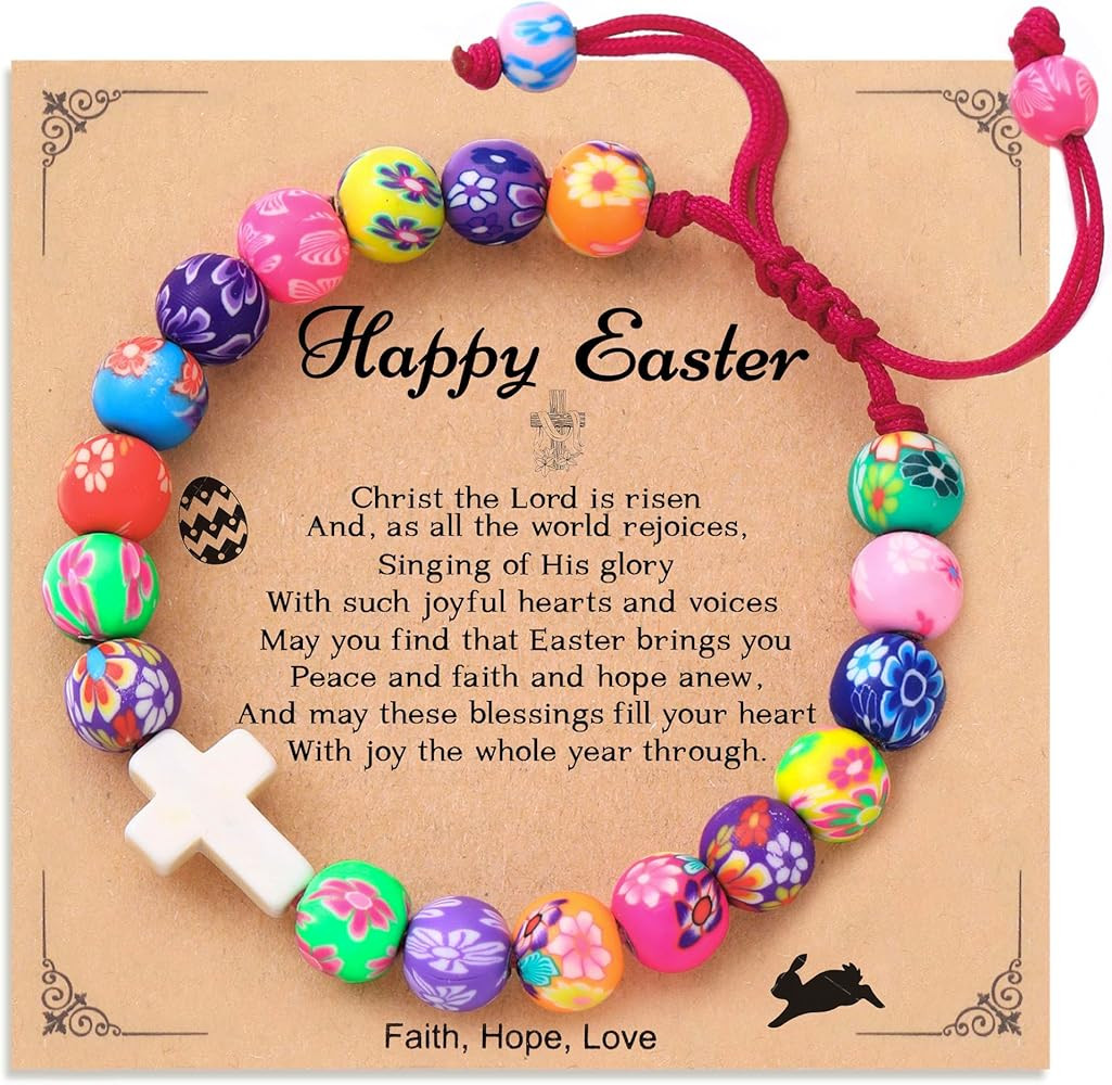 Happy Easter Gifts, Colorful Clay Beads Bracelet Easter Basket Stuffers for Teens Christian Cross... | Amazon (US)