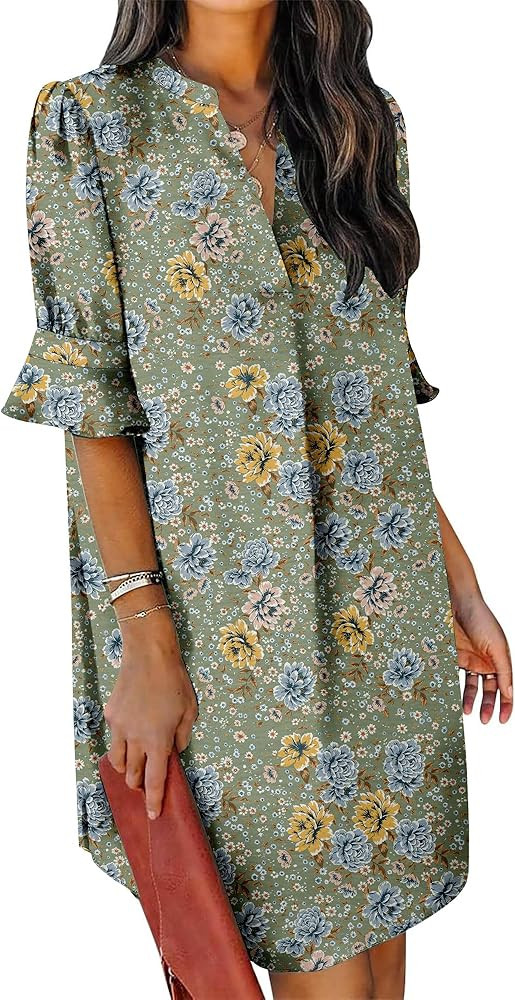 KISSMODA Summer Dresses for Women 2026 V Neck Ruffle Short Sleeve Casual Boho Shift Dress | Amazon (US)