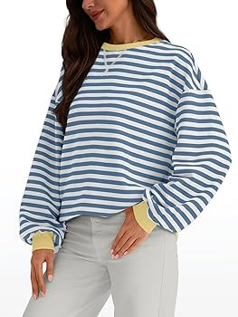 Trendy Queen Oversized Sweatshirt for Women 2024 Fall Crewneck Striped Long Sleeve Shirts Hoodies... | Amazon (US)