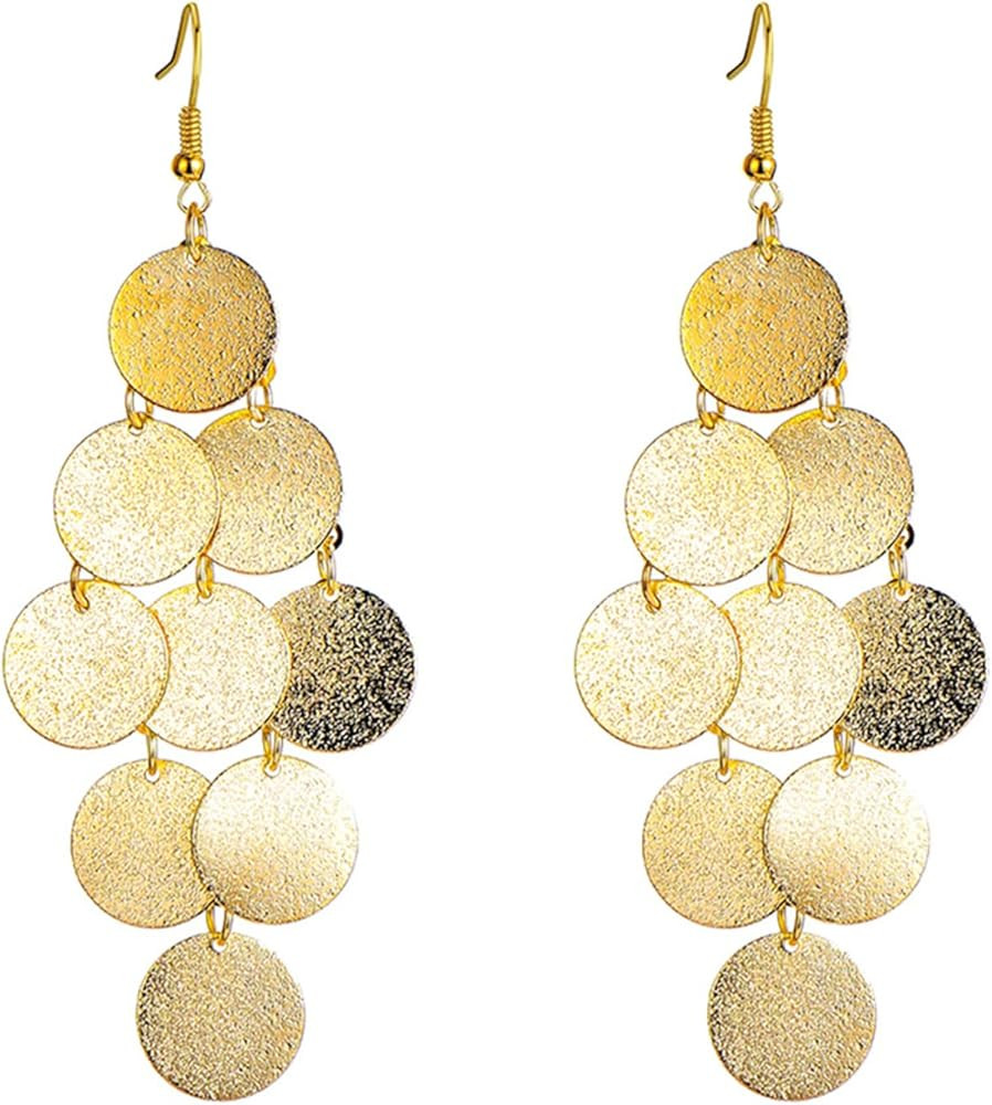 MALOYANVE Multilayer Disc Earrings for Women Fashion Long Gold Silver Plated Brushed Textured Pat... | Amazon (US)