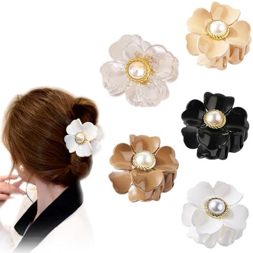 5 Pack Hair Clip Medium, 2.4 Inch Small Hair Claw Clips for High Ponytail, Cute Flowers Hair Fancy Horsetail Clips | Amazon (US)