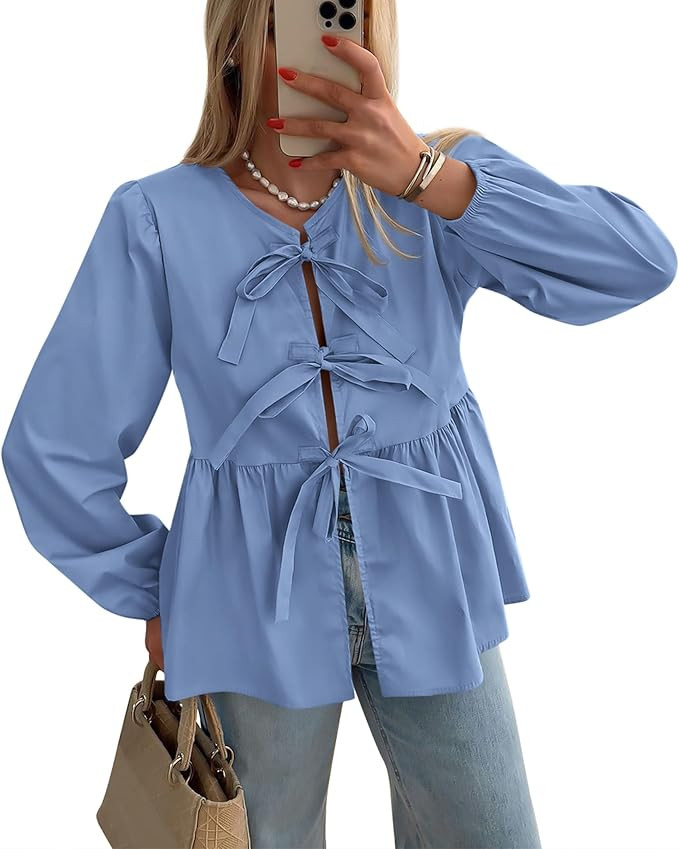 PRETTYGARDEN Women's Spring Fall Babydoll Peplum Blouse Shirt Puff Long Sleeve Bow Tie Front Tren... | Amazon (US)