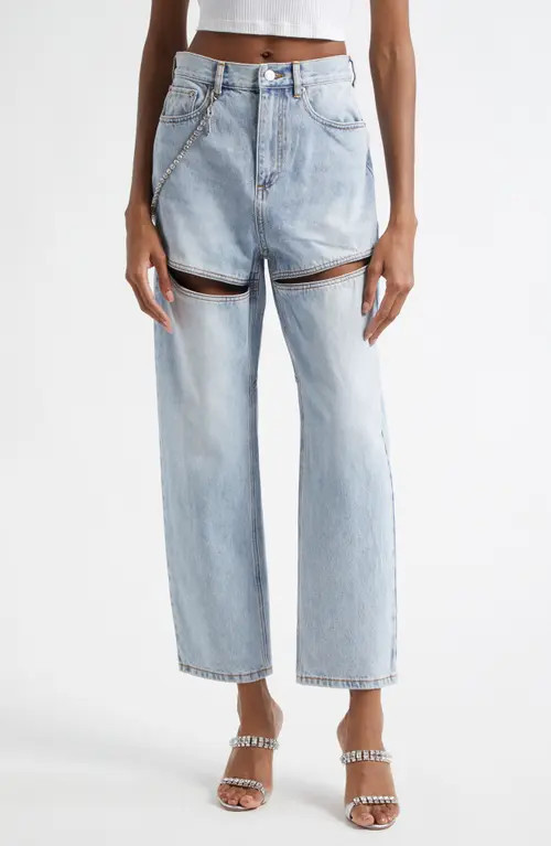 Area Slit Straight Leg Jeans with Crystal Chain in Light Blue at Nordstrom, Size 29 | Nordstrom