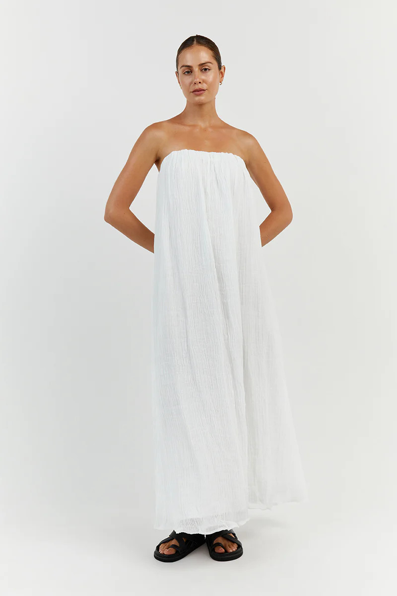 NICOL WHITE STRAPLESS MIDI DRESS | DISSH