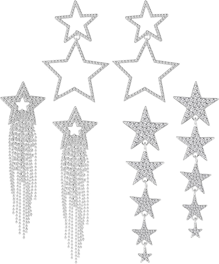 3 Pairs Star Earrings for Women Rhinestone Big Star Dangle Earrings Tassel Star Drop Earrings Cry... | Amazon (US)