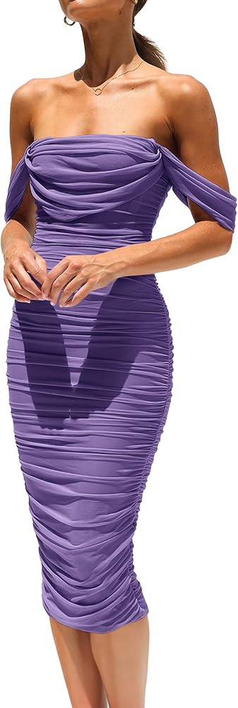 Pretty Garden Womens Summer Off The Shoulder Ruched Bodycon Dresses Sleeveless Fitted Party Club ... | Amazon (US)