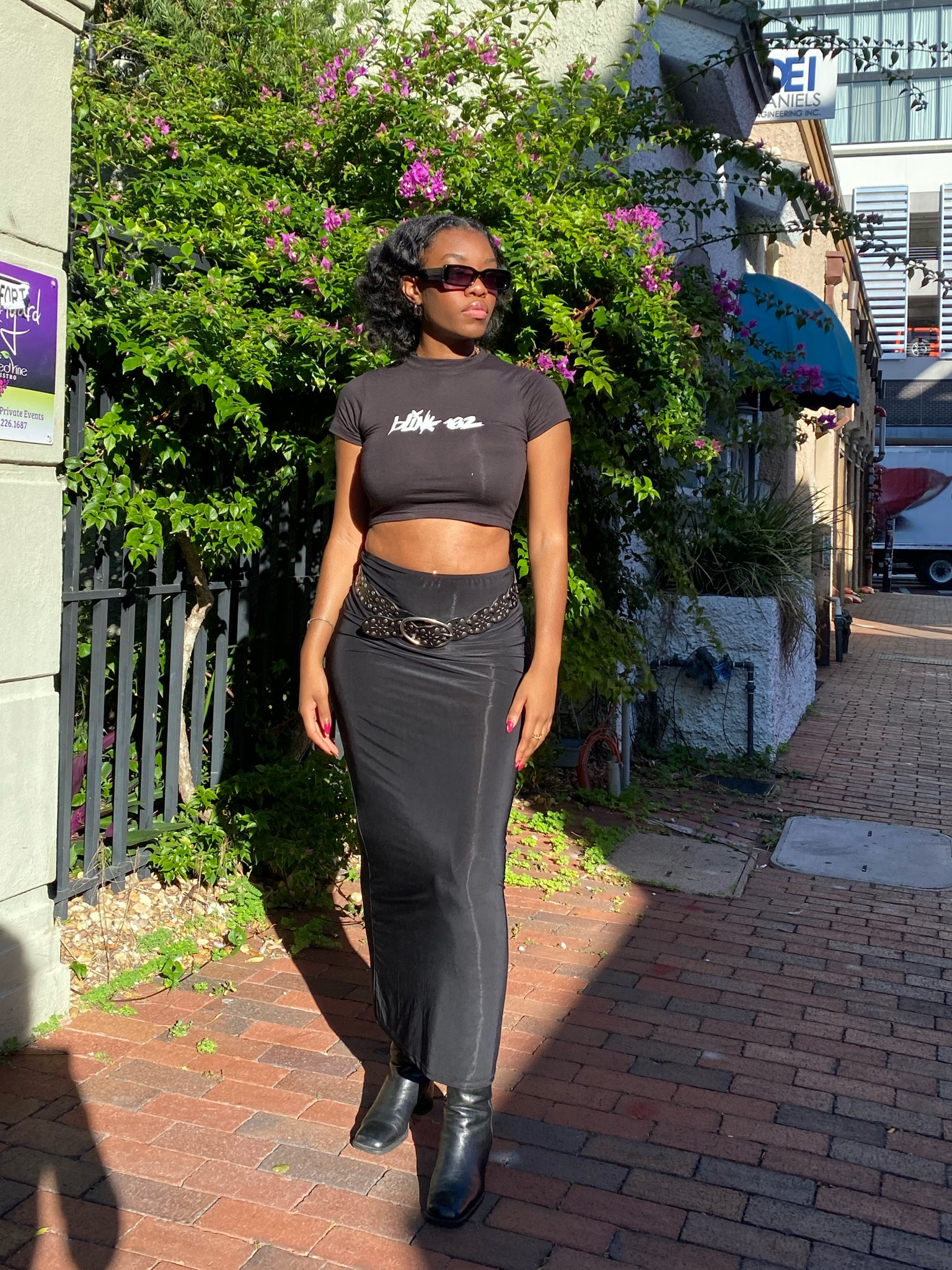 Kourtney Kardashian Outfit from boohoo

Graphic blink 182 tee
Maxi Skirt 
Choker
Sunglasses (can’t find on website anymore) 

Studded belt was from my mom
Boots thrifted

#LTKstyletip #LTKfindsunder100 #LTKsalealert