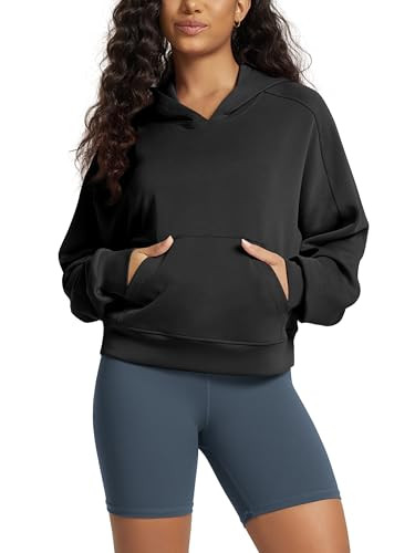 ODODOS Modal Soft Long Sleeve Cropped Hoodie for Women Oversized Pullover Sweatshirts with Pocket, Black, Medium | Amazon (US)