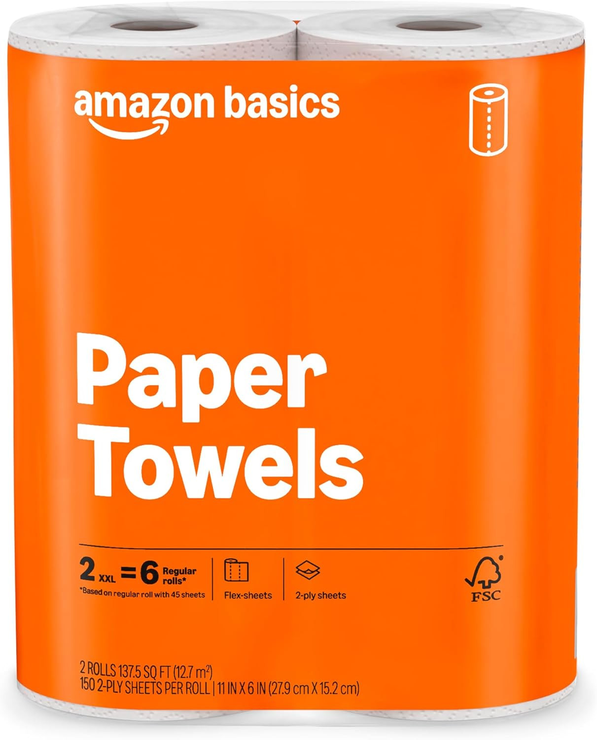 Amazon Basics 2-Ply Flex-Sheets Paper Towels, 2-Pack, 150 Sheets per Roll, 2 Basics Rolls = 6 Regular Rolls, for Everyday Use, Spills and Messes | Amazon (US)