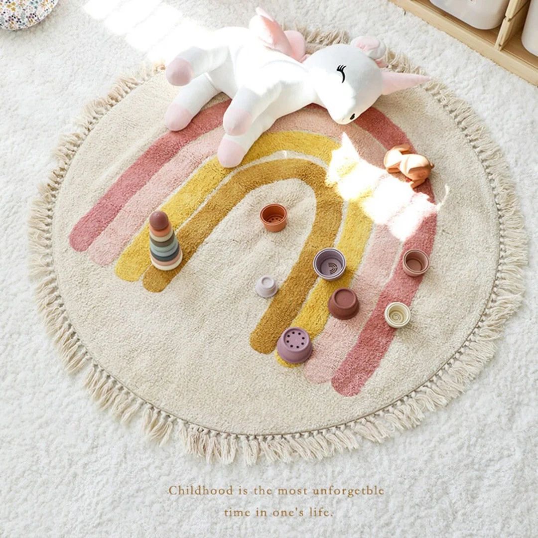 Pastel Rainbow Tassels Nursery Kids Bedroom Area Rug, Minimalist Boho Aesthetic Home Decor, Cute ... | Etsy (US)