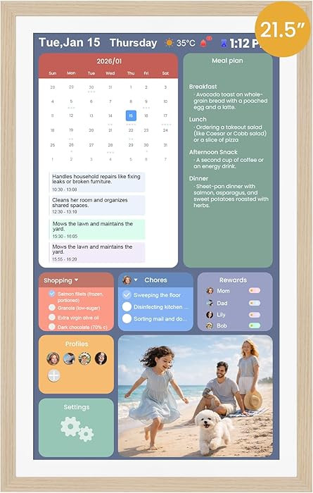 21.5-Inch Smart Digital Calendar & Photo Frame for Family, Wood Frame Large Wall Planner with Aut... | Amazon (US)