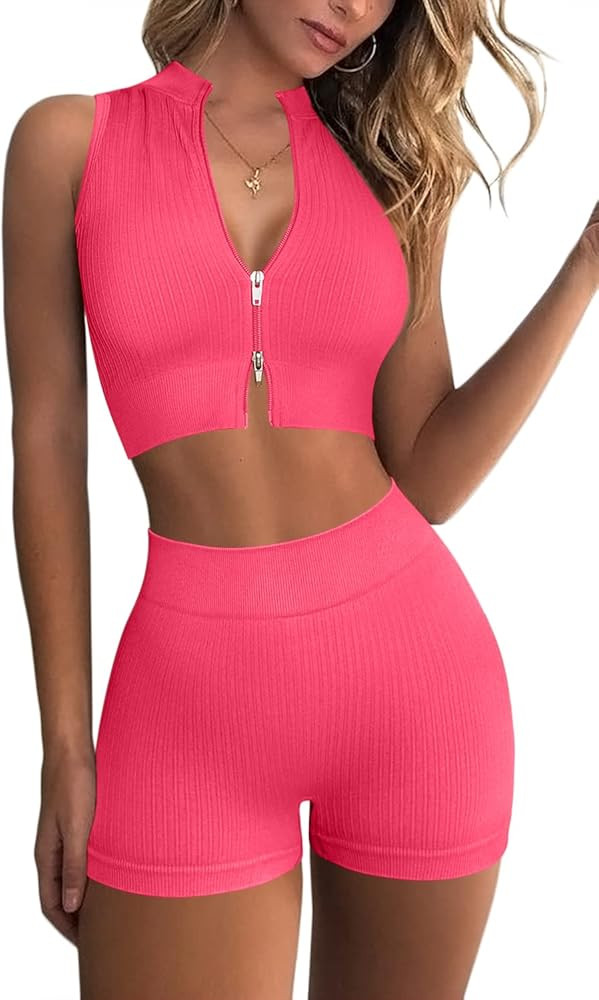 QINSEN Gym 2 Piece Yoga Sets for Women Zip Up Crop Tops Ribbed High Waist Booty Shorts Exercise W... | Amazon (US)