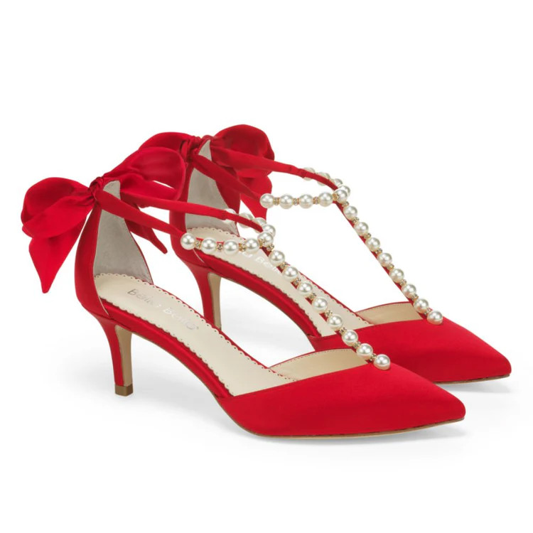 Red Kitten Heels with Bow and Pearl T Straps | Bella Belle Shoes