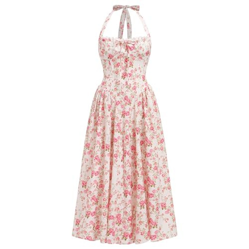 ABEHIK Bustier Dress for Women Floral Corset Midi Dress Flowy Adjustable Halter Neck Backless Casual Sundress Lace Up Summer Wedding Guest Cocktail Homecoming Party Dresses Red White S | Amazon (US)