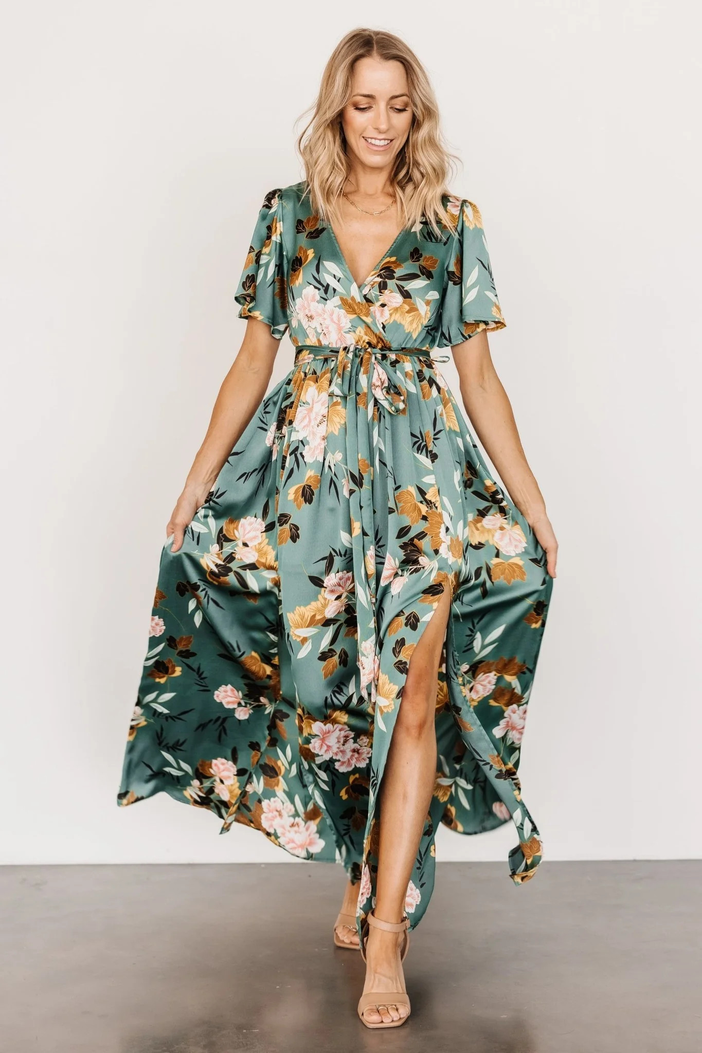 Sicily Satin Maxi Dress | Eucalyptus Floral | Baltic Born