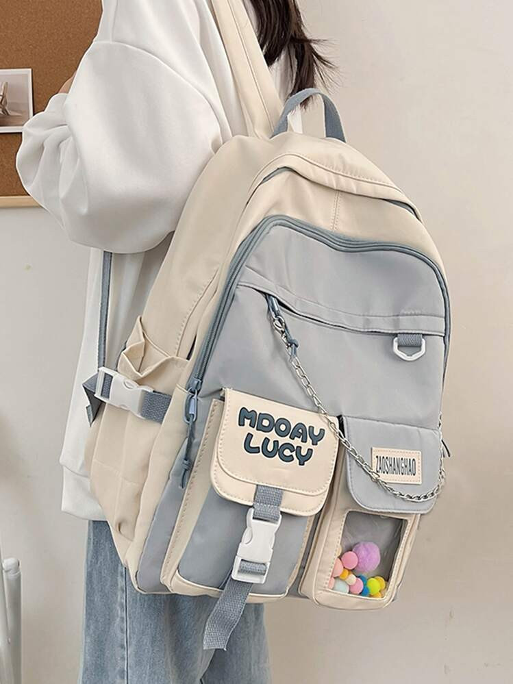 ZAOSHANGHAO Waterproof,Large Capacity,Lightweight,Portable Letter Graphic Colorblock Chain Decor Backpack For Teen Girls Women College Students Perfect For School Back To SchoolSchool Backpack,School Bag,Backpack For School,Back To School,Big Backpack,Large Capacity, Suitable For Teen Girls Women College Students, Perfect For Back To School,College,Middle School, High School, Back To School Laptop Bags & Cases | SHEIN