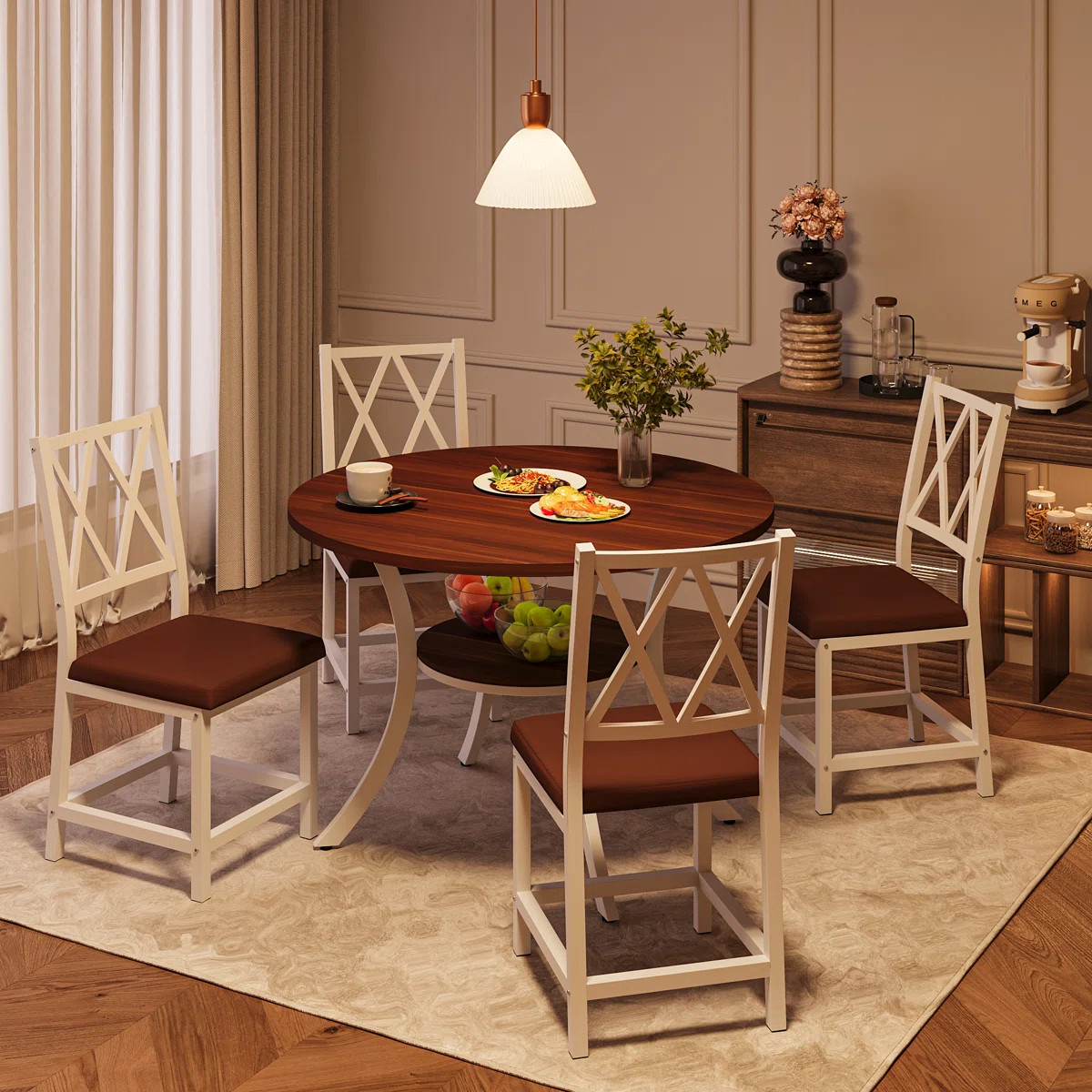 5 Pieces 35.4\u2019\u2019 Transitional Style Round Dining Table Set, Extendable Folding Kitchen D... | Wayfair North America